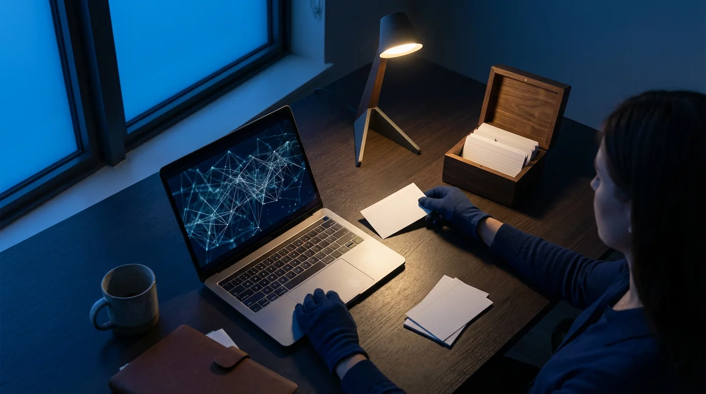 Professional applying Zettelkasten method, connecting physical notes with digital project data late in the evening.