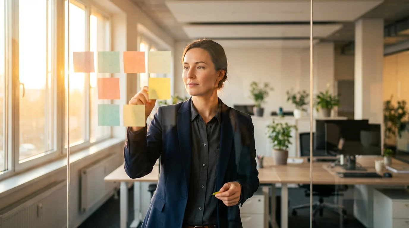 Professional arranging blank sticky notes on a glass wall in a sunlit office.