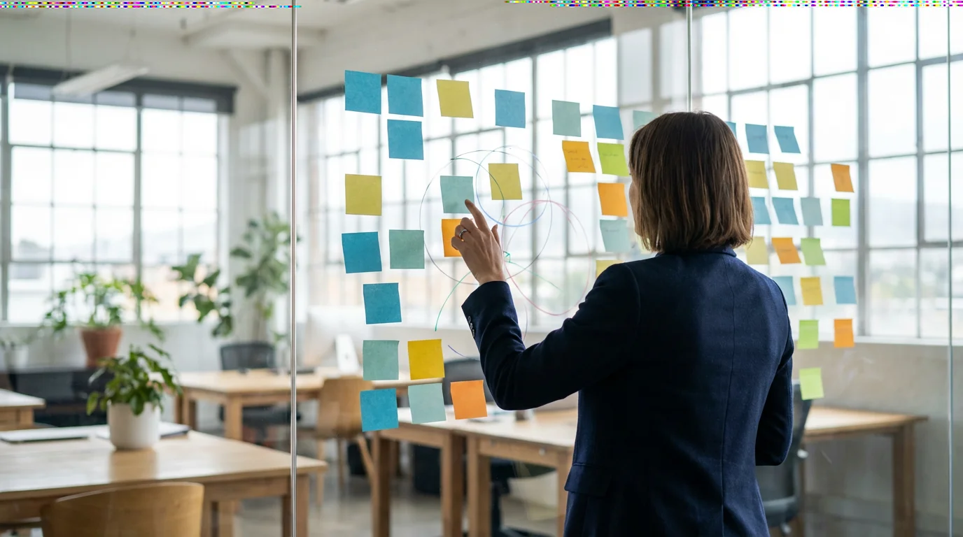 Professional arranging sticky notes on a glass office wall, over-the-shoulder perspective.