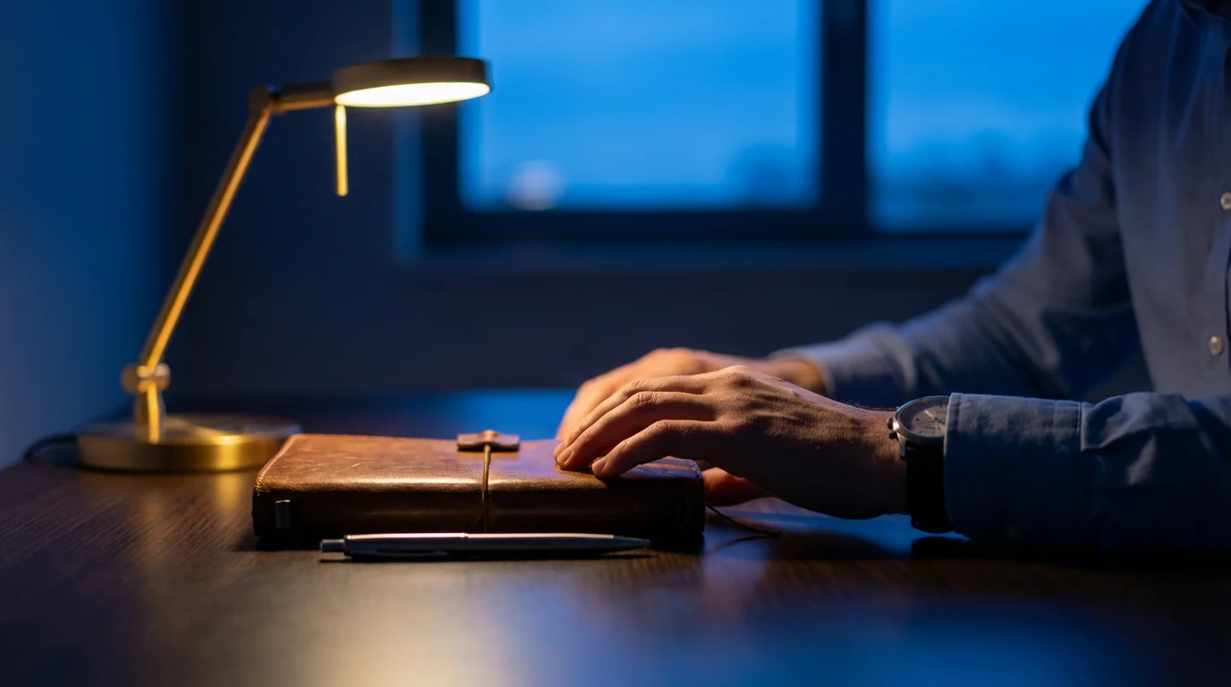 Professional begins planning ritual during blue hour, opening a notebook for intentional focus.
