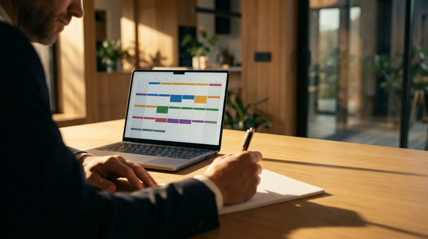 Professional conducting a weekly calendar review and planning session on a laptop during golden hour.