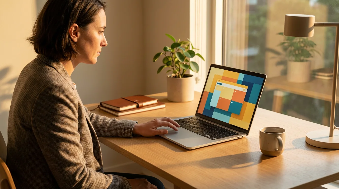 Professional critically assessing a meeting invitation on a laptop screen in a warm, golden-hour home office.