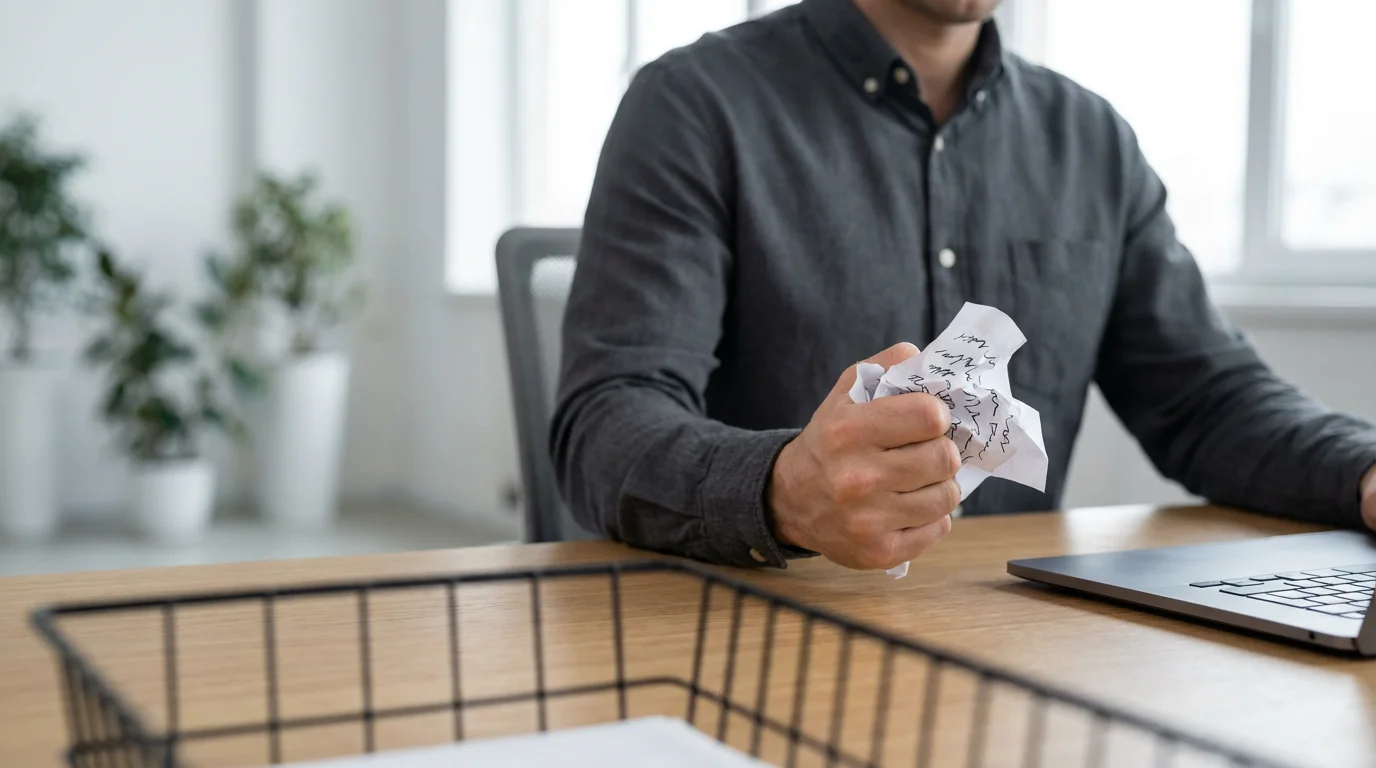 Professional crumpling paper at a clean desk to symbolize eliminating unnecessary tasks.