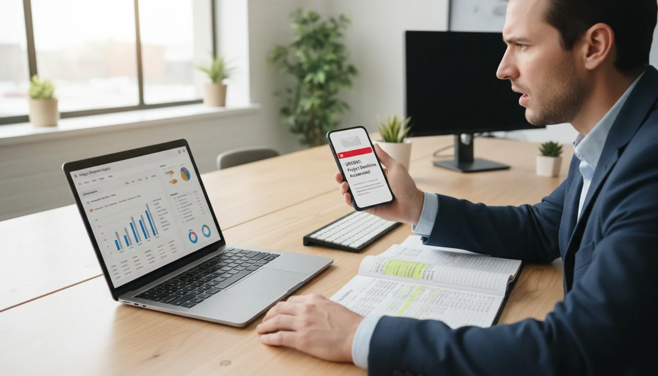 Professional at desk with laptop and smartphone, eyes fixed on phone showing an urgent email notification. An open spreadsheet lies nearby.