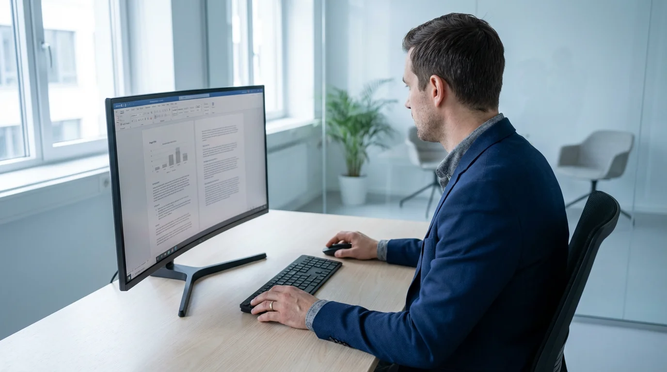 Professional drafting a detailed email at a modern desk, choosing asynchronous communication.