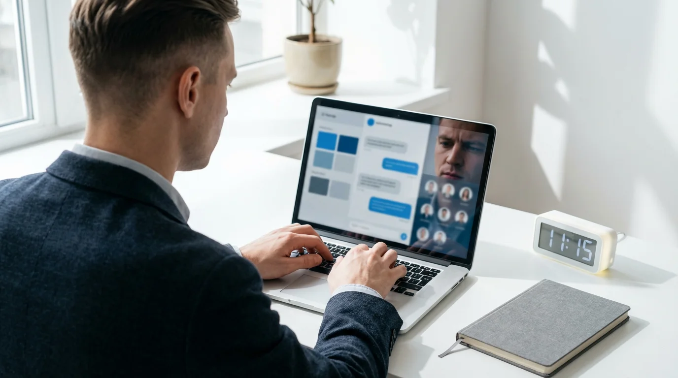 Professional efficiently batching emails and messages during a dedicated focus block at a sunlit desk.