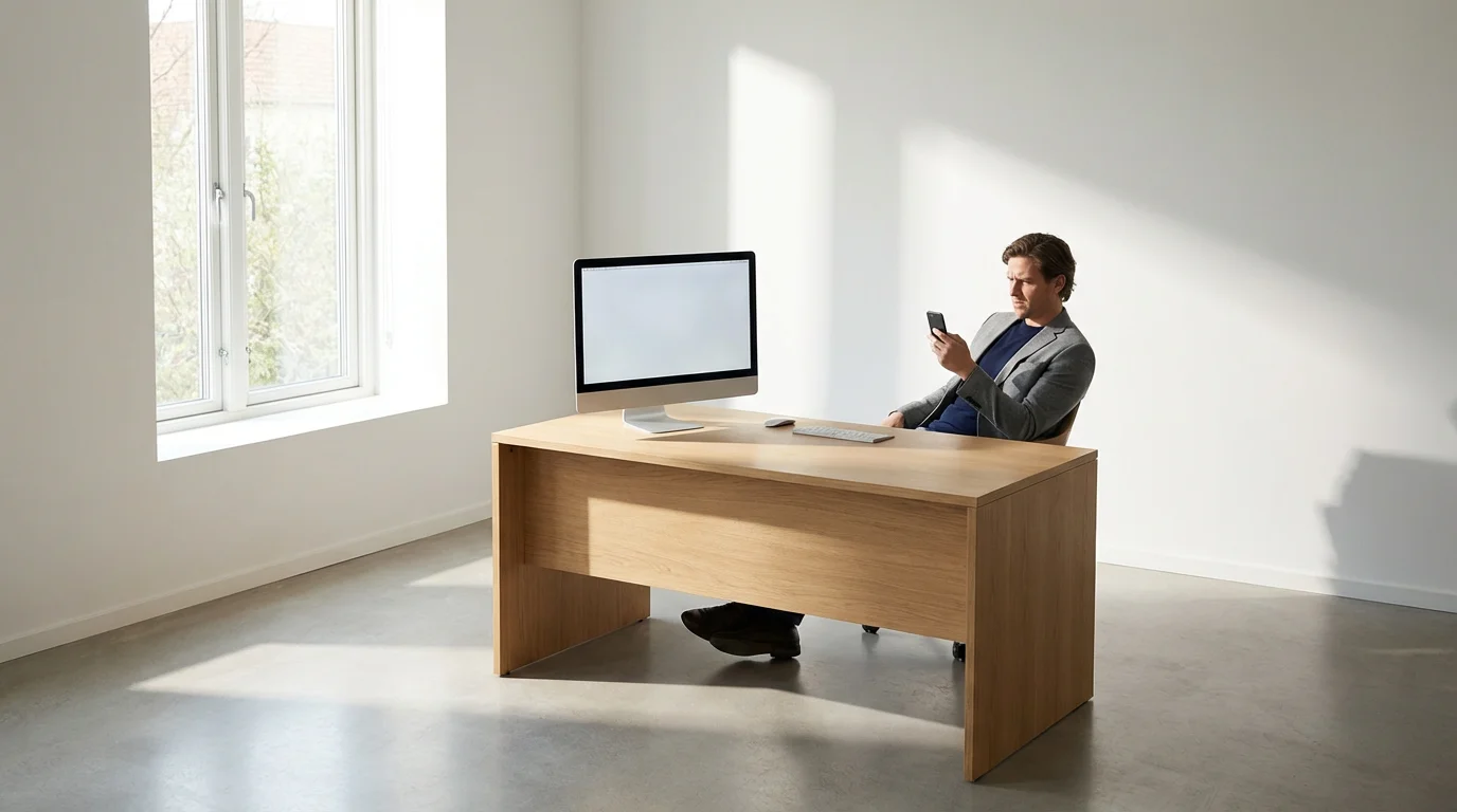 Professional experiencing decision fatigue while looking at a smartphone in a bright office.