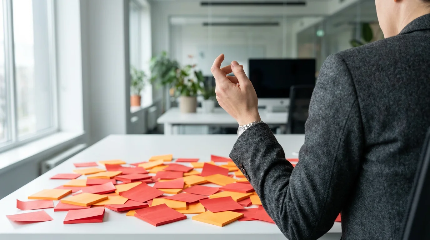 Professional feeling overwhelmed by chaotic pile of blank red notes on a desk.