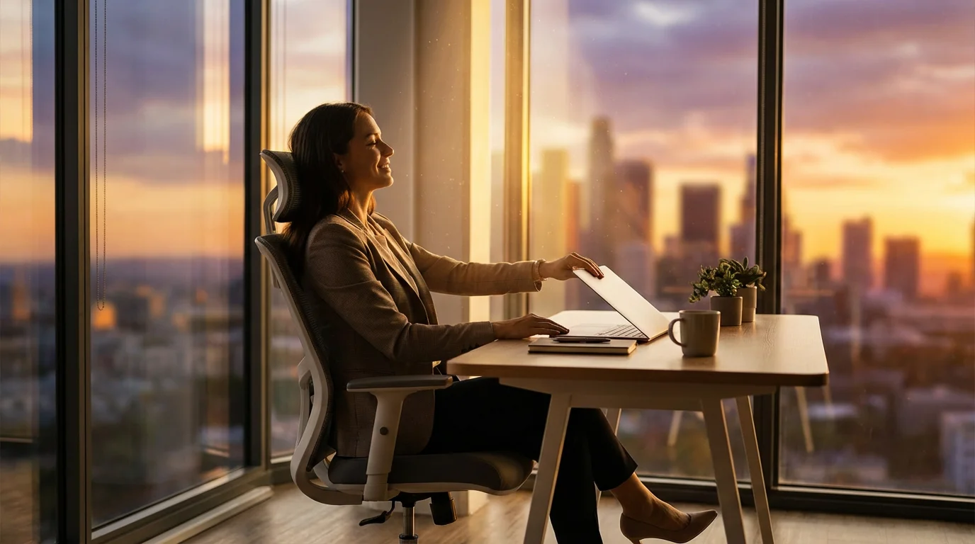 Professional finishing work early in a sunlit office during golden hour