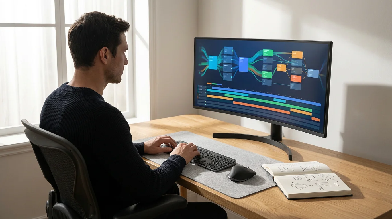 Professional focused at an optimized minimalist remote workspace desk during soft morning light.