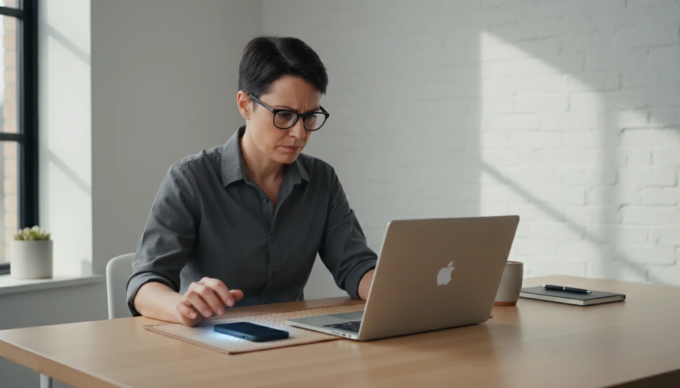 Professional focused on laptop, hand near glowing phone, resisting digital distraction in a minimalist office.