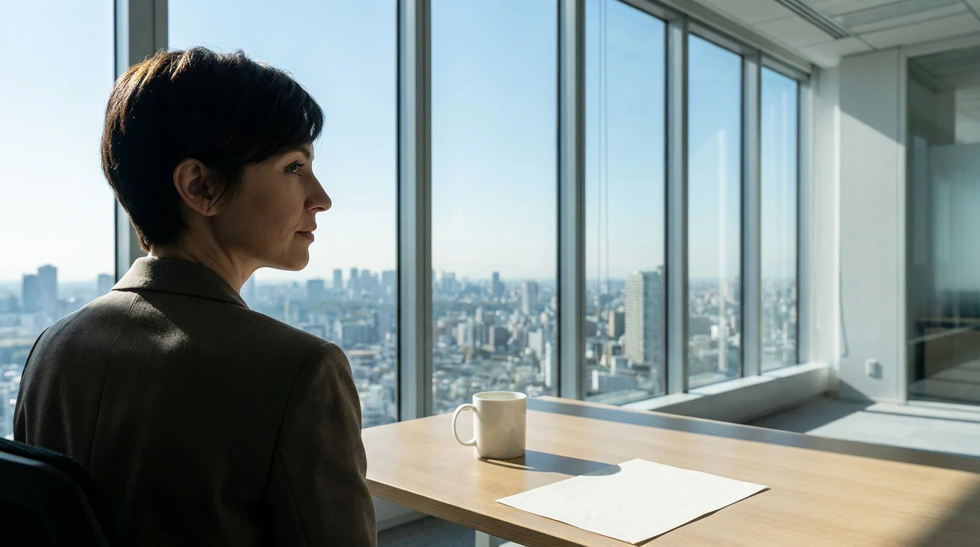 Professional focused on a distant city skyline from a high-rise office, symbolizing a North Star vision.