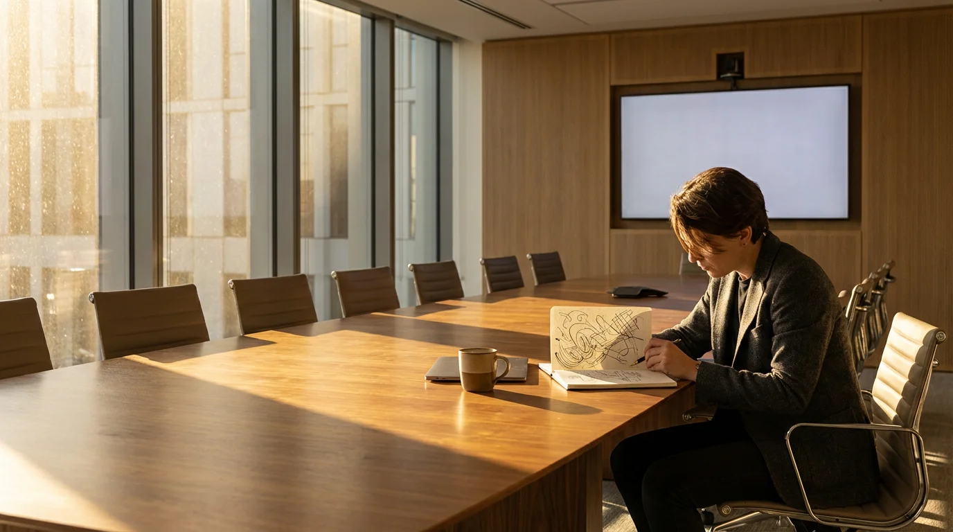 Professional focused on rapid note-taking in a sunlit conference room during the golden hour.