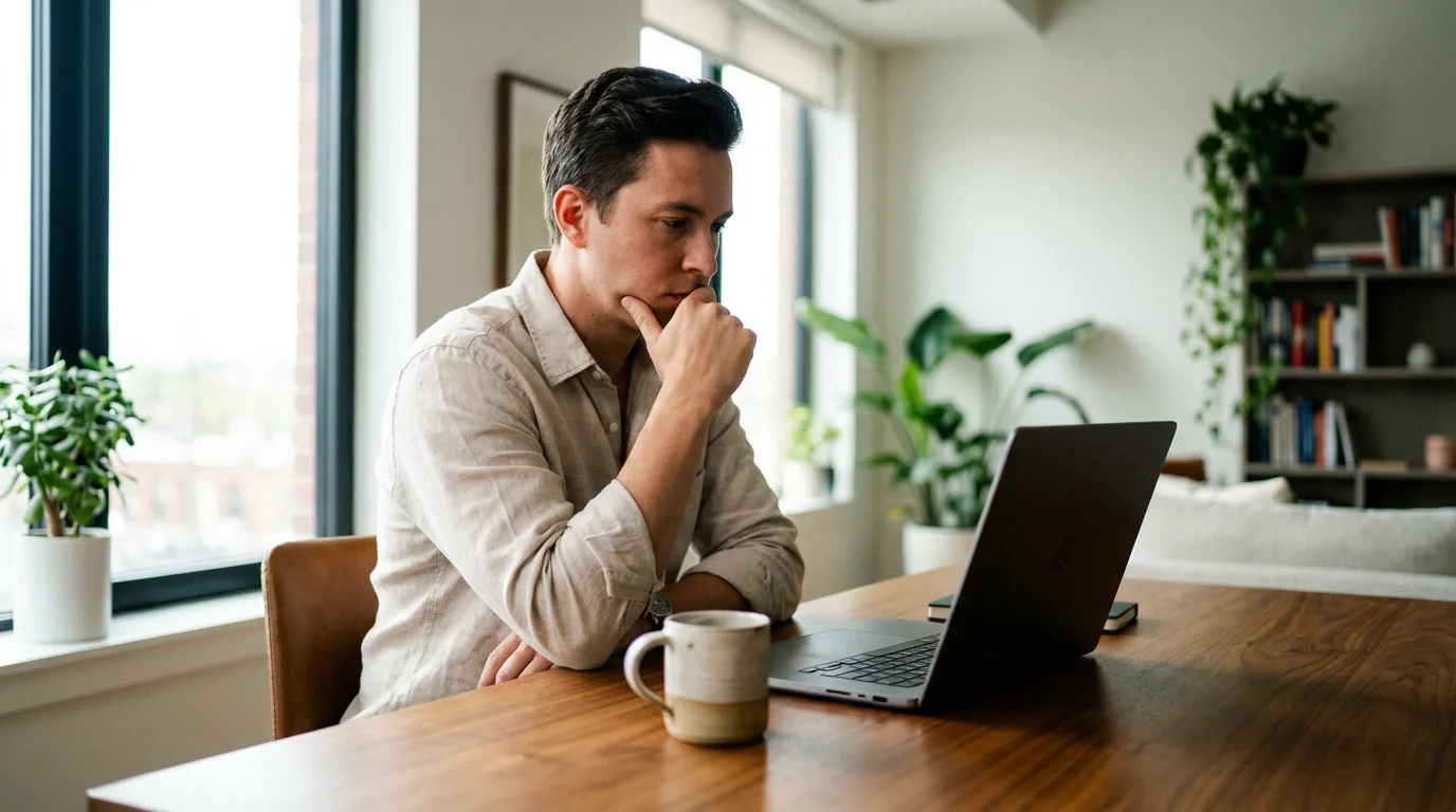 Professional focused on typing a message on a laptop in a sunlit office.