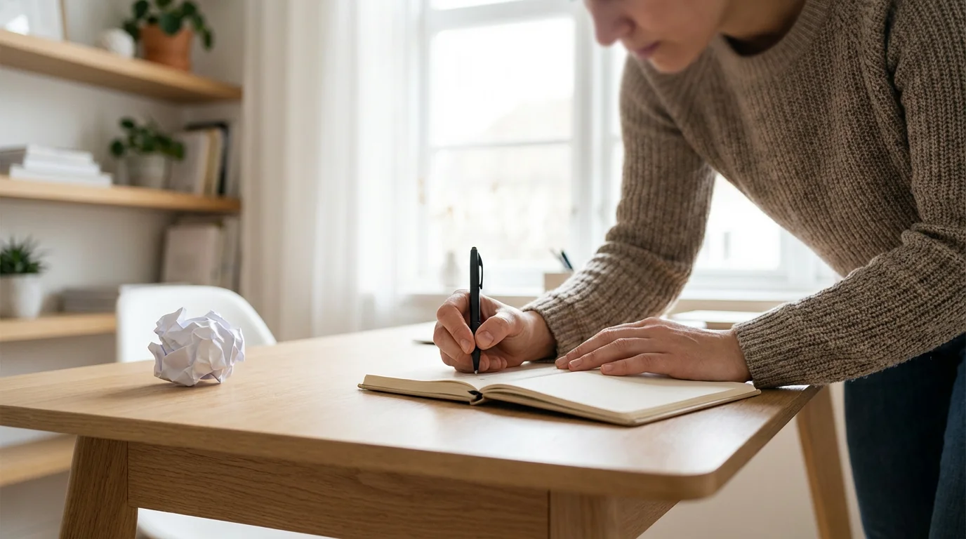 Professional focused on writing a daily design plan at a clean desk under diffused morning light.