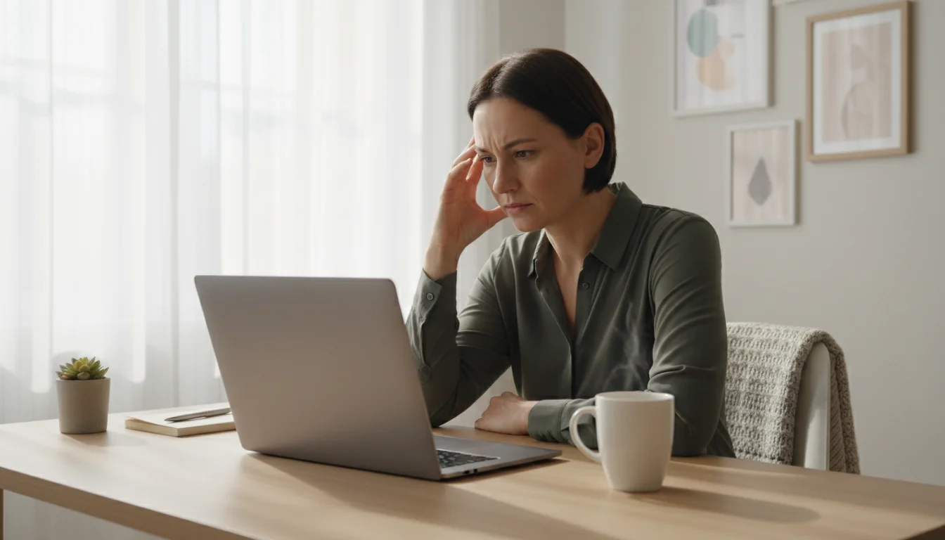 A professional with a furrowed brow sits at a clean desk, looking at a laptop with multiple tabs open, hinting at mental overwhelm.