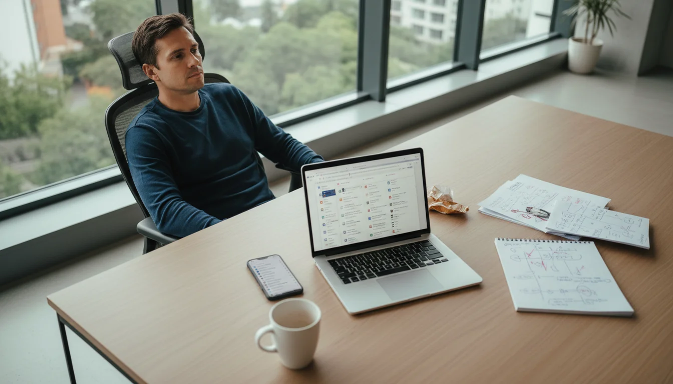 Professional (gender-neutral) sits at a minimalist desk, looking overwhelmed by an open laptop with multiple tabs, a smartphone, and a notebook.