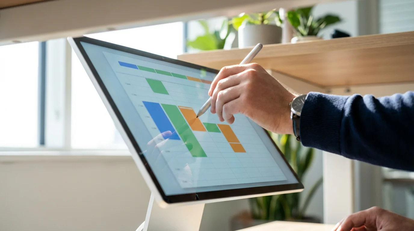 Professional hand adjusting a flexible digital calendar schedule on a monitor under bright window light.