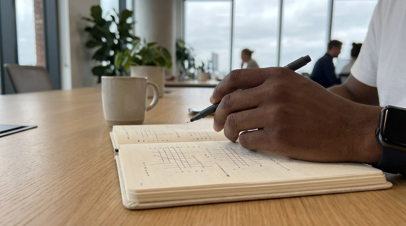 Professional hand auditing daily micro-habits in a minimalist journal using bright diffused light.