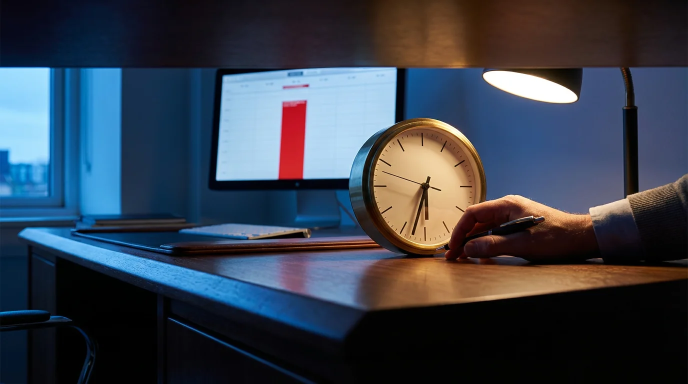 Professional hand enforcing a time limit next to an analog clock during blue hour.