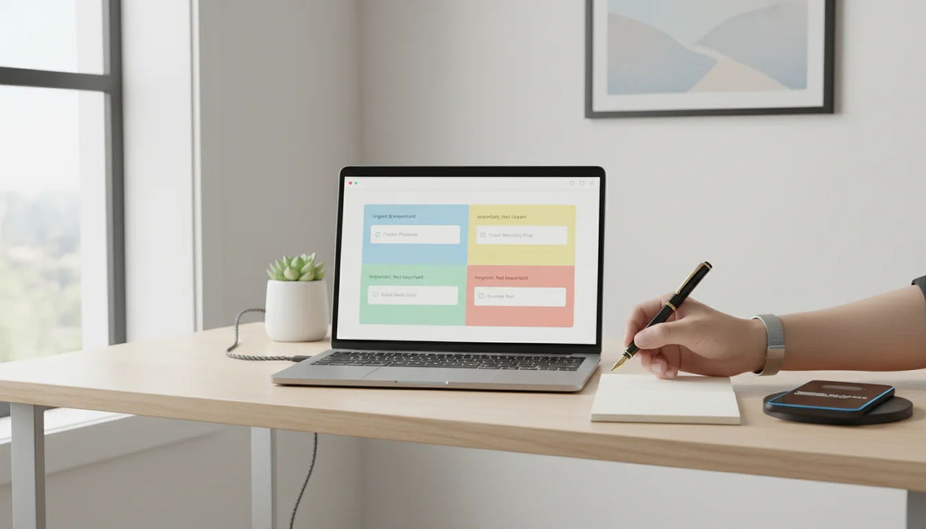 A professional's hand hovers over an open notebook on a modern desk, next to a laptop displaying a digital Eisenhower Matrix and a vibrating smartphon