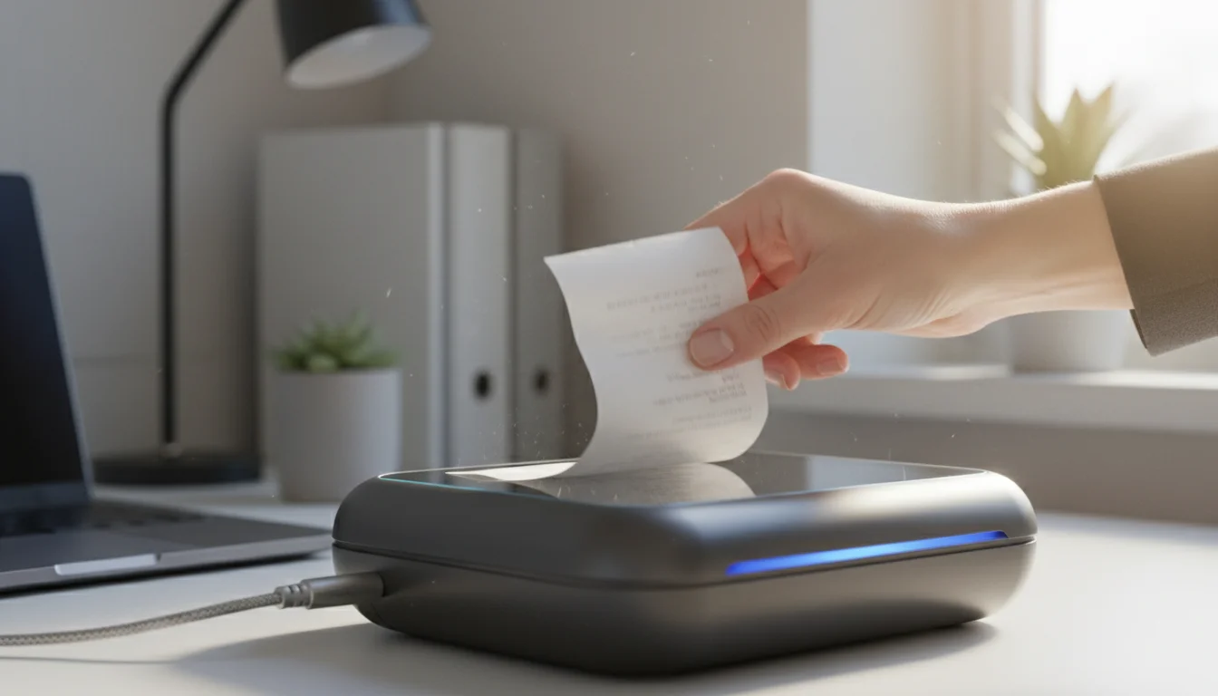 Professional's hand quickly scanning a single document using a compact desktop scanner in a clean home office.