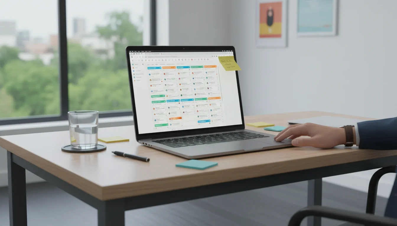 A professional's hand rests near a laptop displaying many digital tasks on a clean desk with organized notes and a water glass.