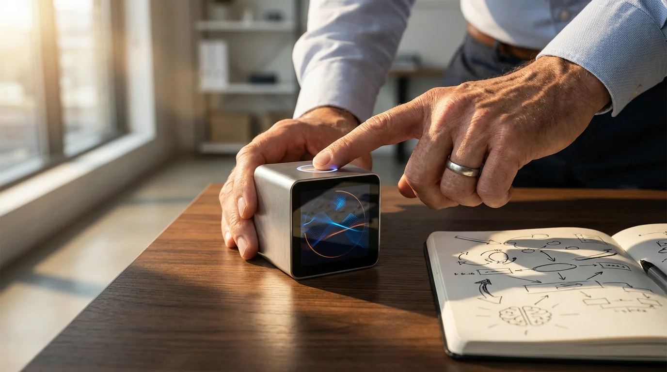 Professional hand starting a digital timer next to a notebook to timebox a brainstorming session.