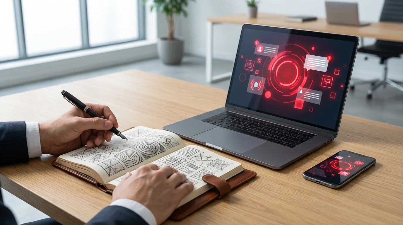 Professional hands focusing on a notebook, aggressively interrupted by bright red digital notifications on screens.