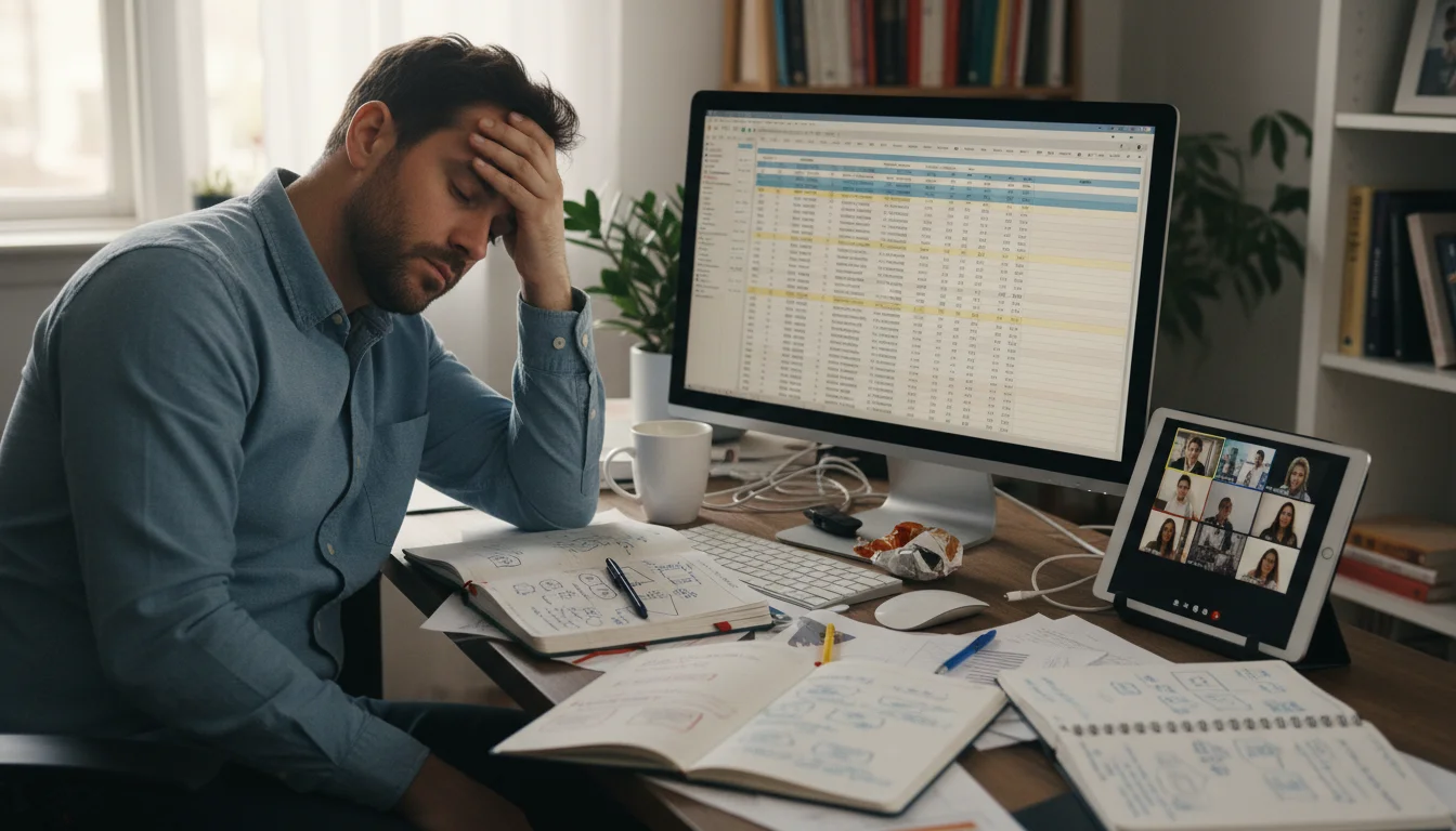 A professional at a home office desk looks tired, surrounded by a computer, tablet, and open notebooks showing diverse, unfinished tasks.