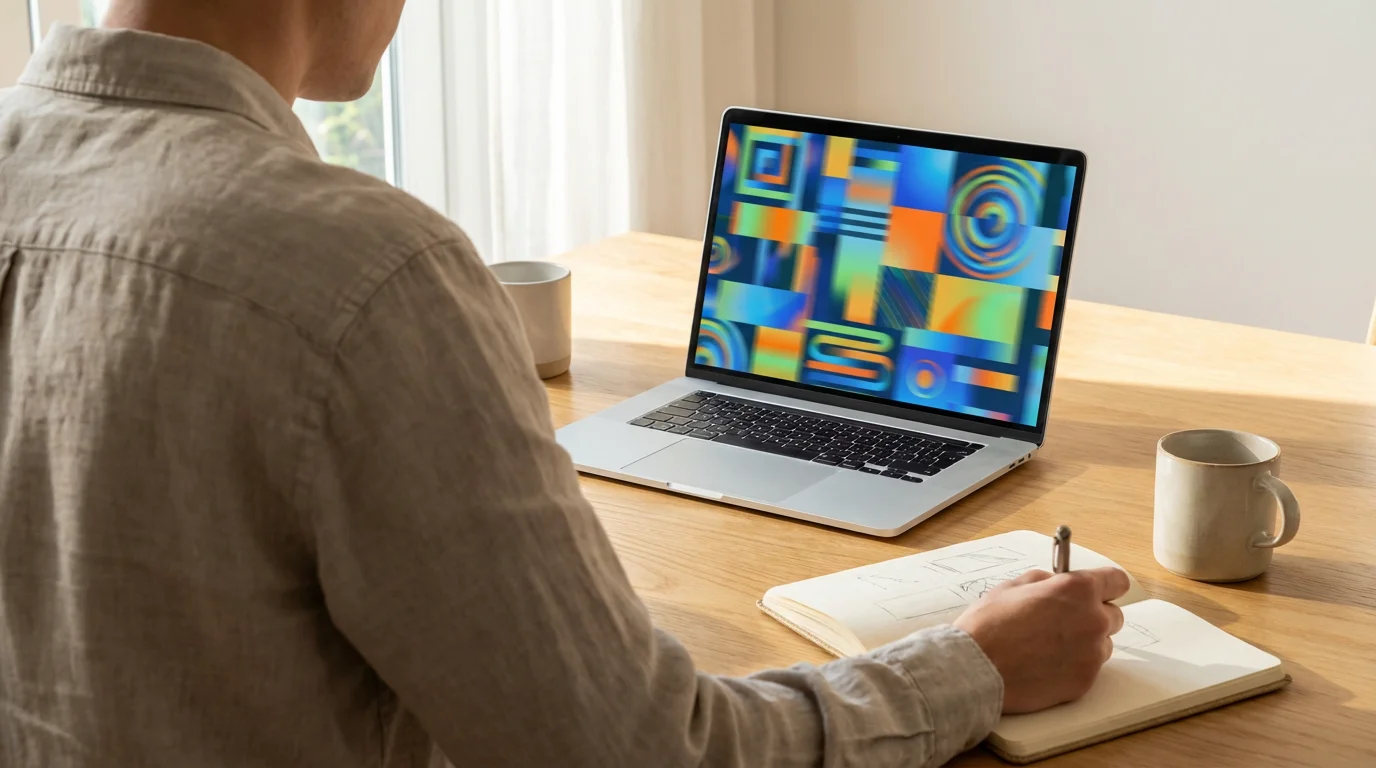 Professional ignores a chaotic laptop screen displaying abstract noise to focus on writing in a notebook.