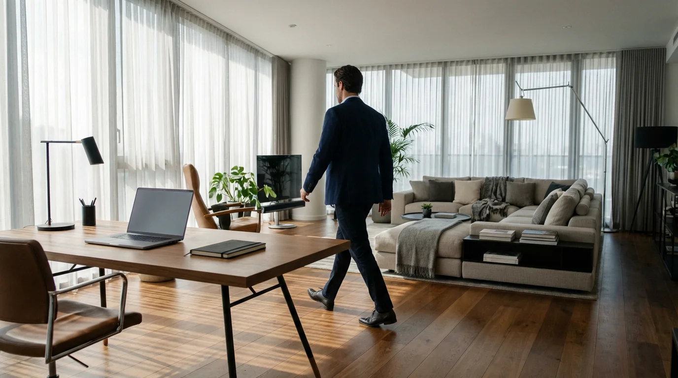 Professional individual steps away from a home office desk, setting a clear work boundary.