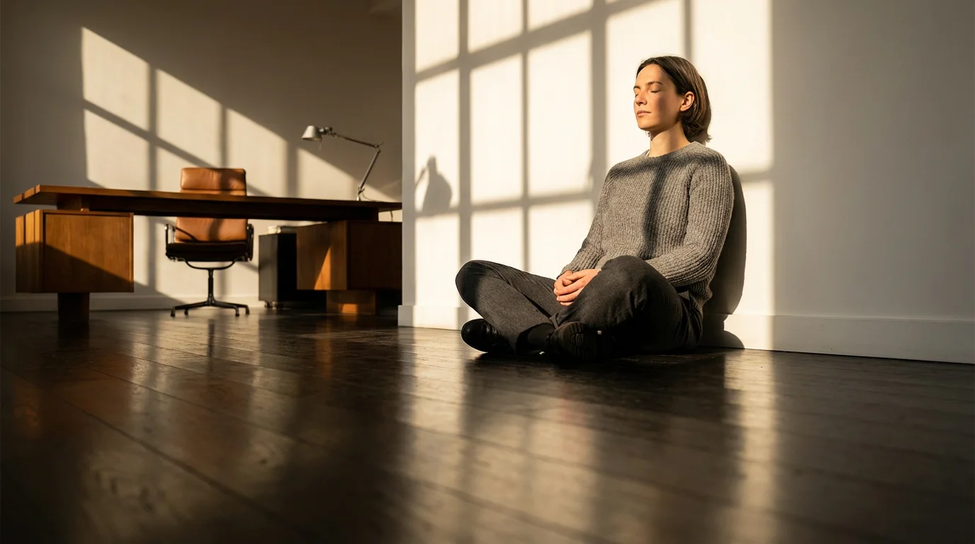 Professional individual taking a purposeful, mindful break seated on the floor in high-contrast afternoon light.