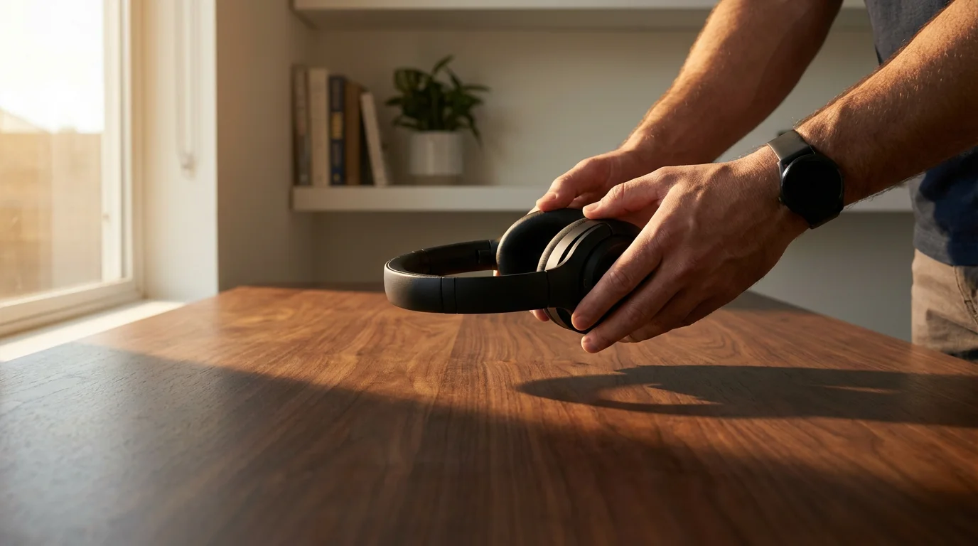 Professional initiating a deep work ritual by positioning noise-canceling headphones on a desk during golden hour.
