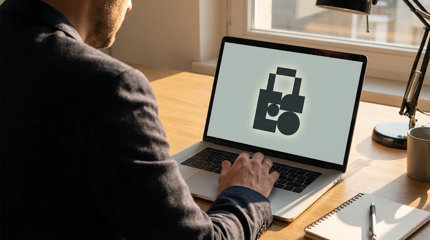 Professional looking at a laptop displaying a lock icon during golden hour.