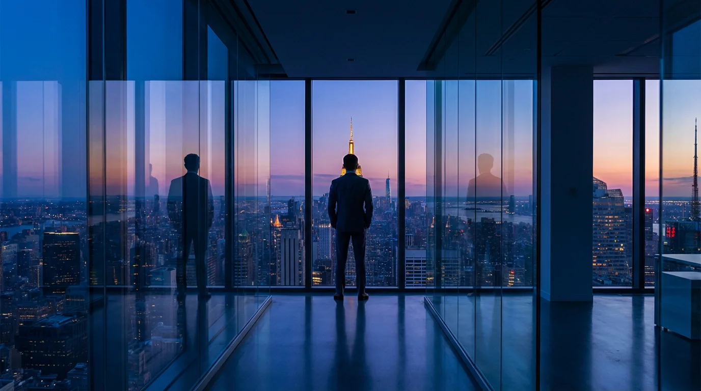 Professional looking out high-rise window at city skyline during blue hour twilight.