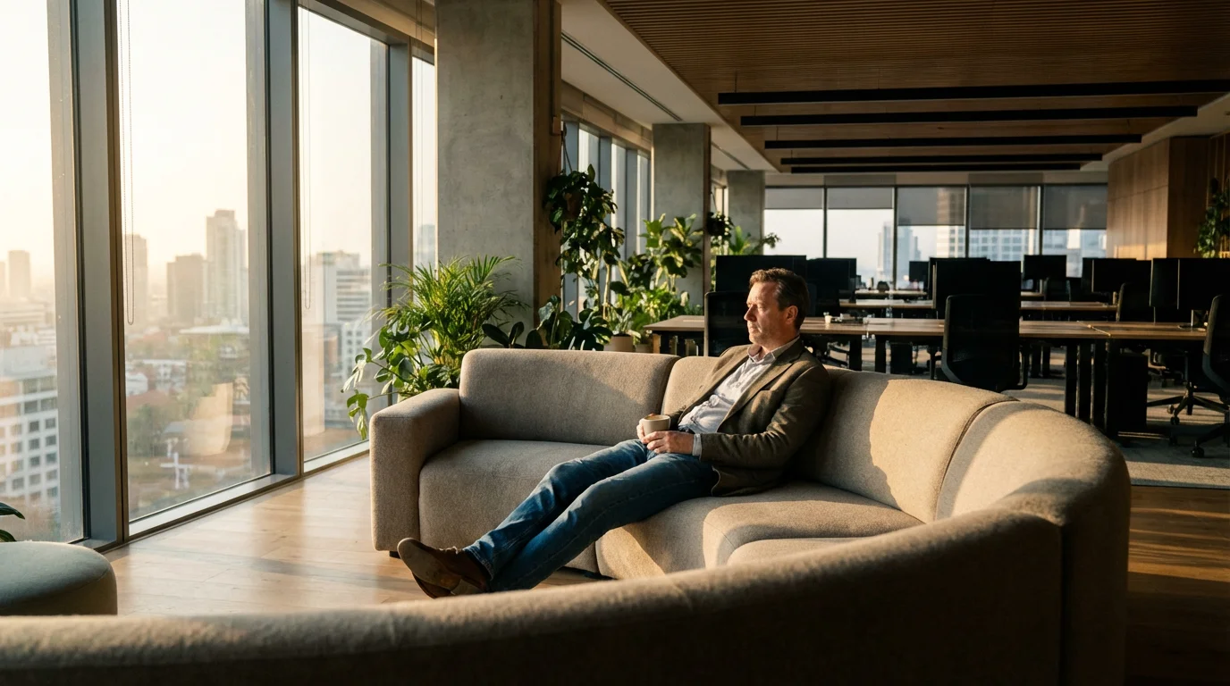 Professional lounging in office breakout area procrastinating near large window during morning.