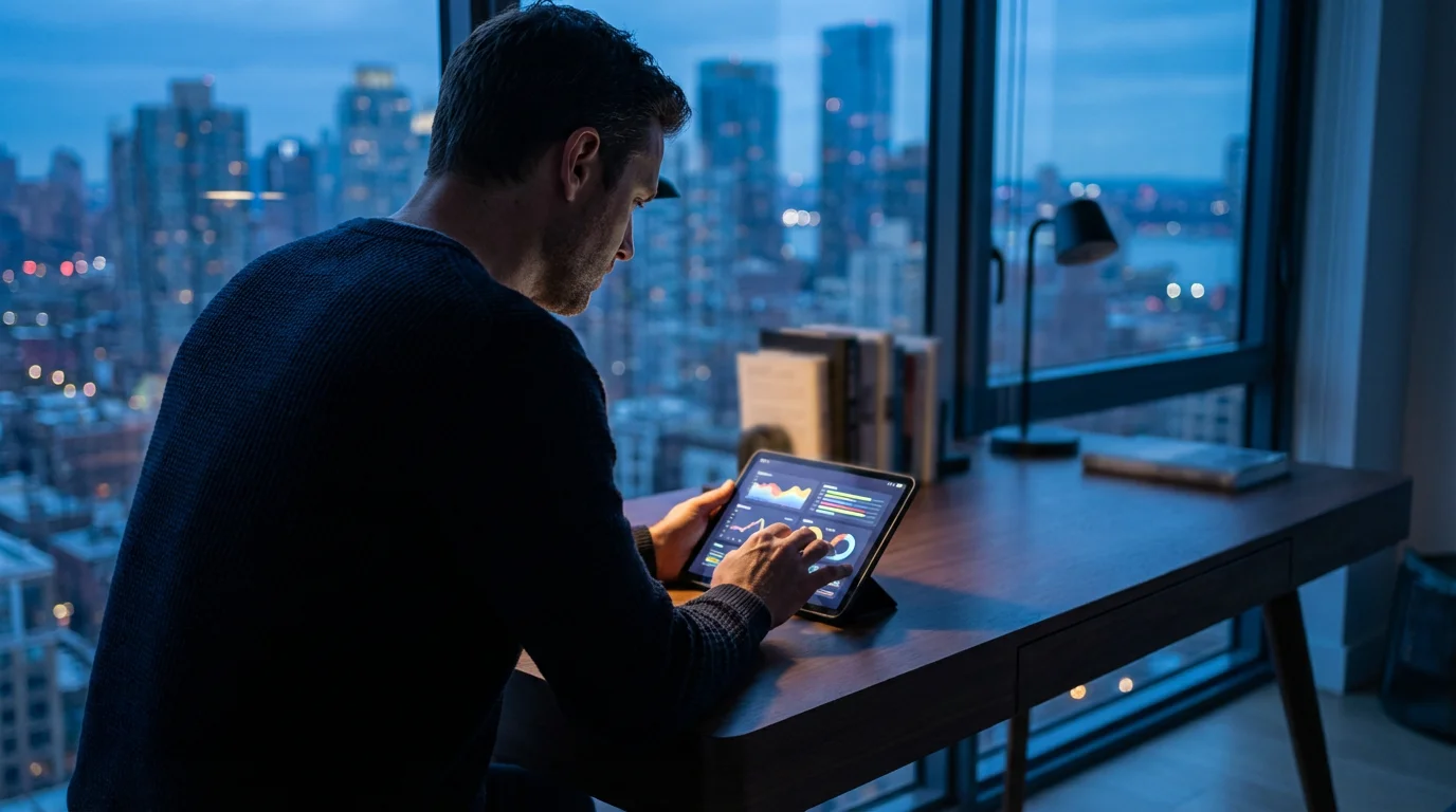 Professional man studying color-coded digital chart on tablet during blue hour.