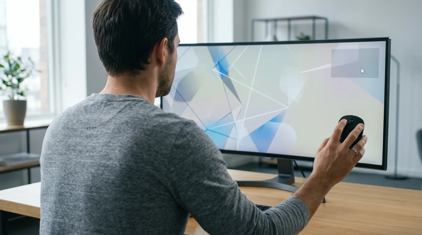 Professional managing digital distractions on a computer monitor in a bright, clean workspace.