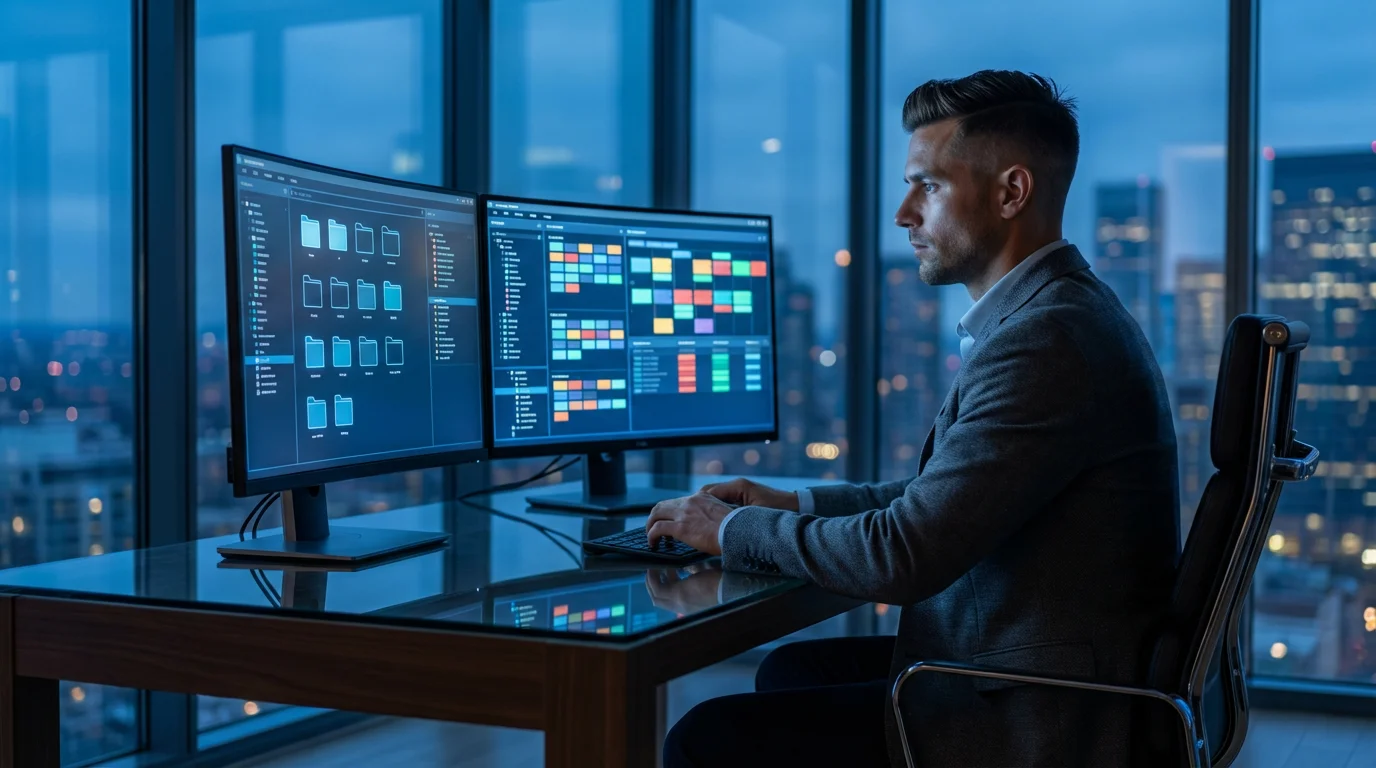Professional managing digital files on dual monitors in a modern office during blue hour.