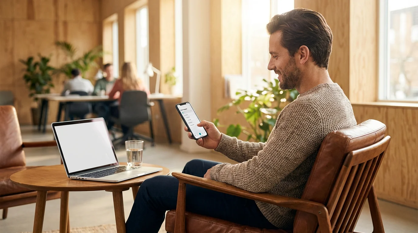 Professional managing workflow on smartphone and laptop in a sunny modern co-working lounge.