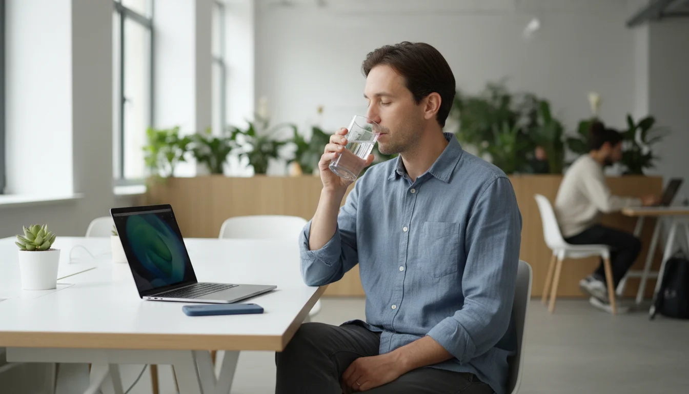 Professional mindfully sips water at a modern desk, ignoring their phone, in a bright co-working space.