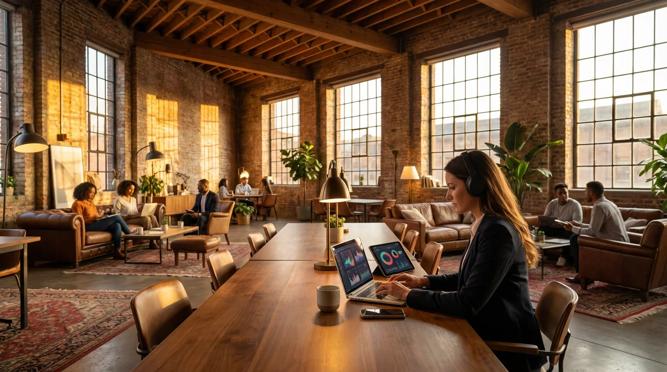 Professional multitasking on laptop in a sunlit modern co-working space.