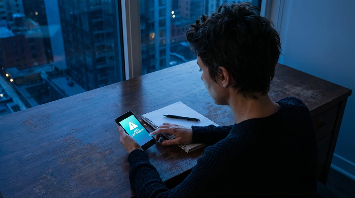 Professional observing and documenting phone alerts on a logbook during cool blue hour light.