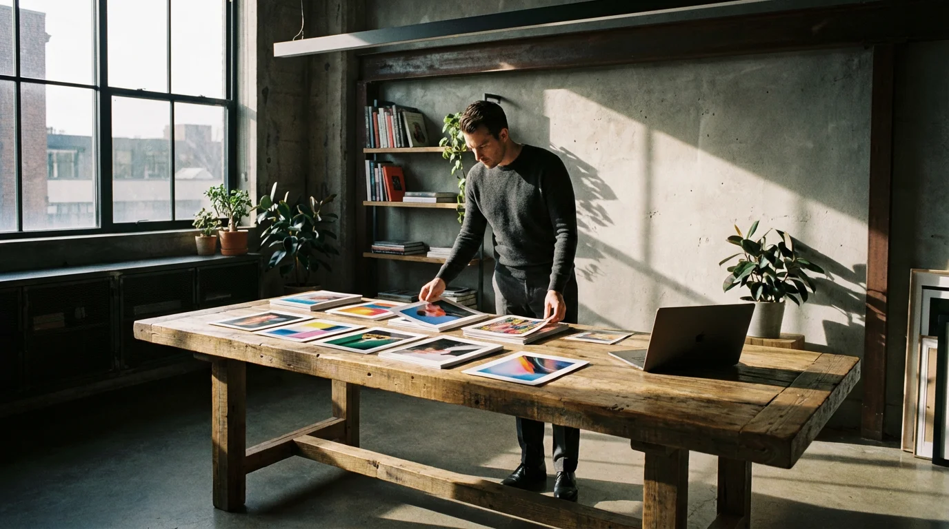 Professional organizing abstract content sources on a desk in a moody afternoon studio.