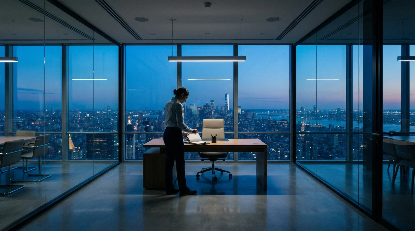 Professional organizing desk in modern high-rise office against blue hour city skyline.