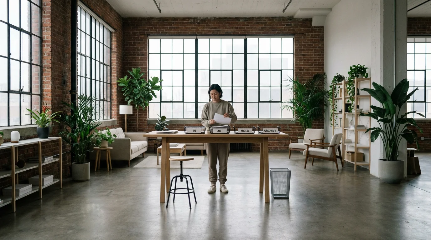 Professional organizing documents at a standing desk in a bright loft office.