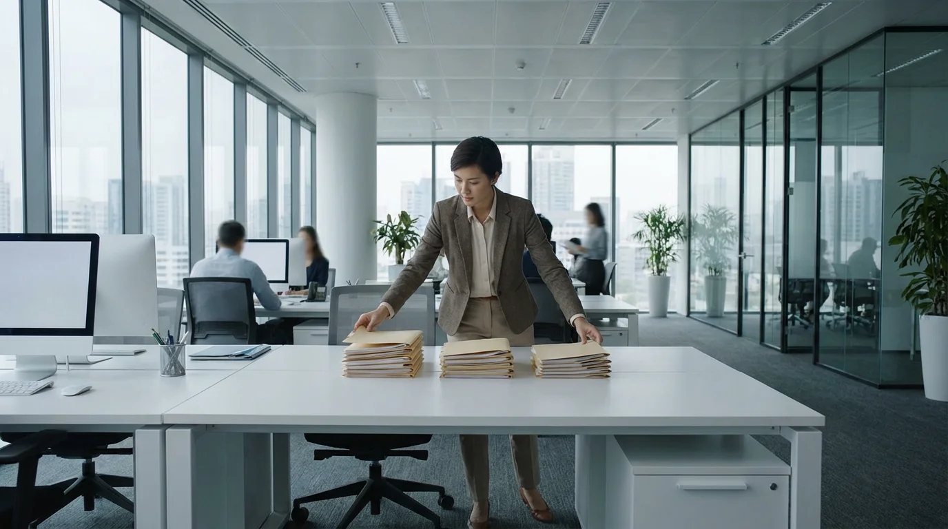 Professional organizing folders into distinct stacks in a modern bright open-plan office.