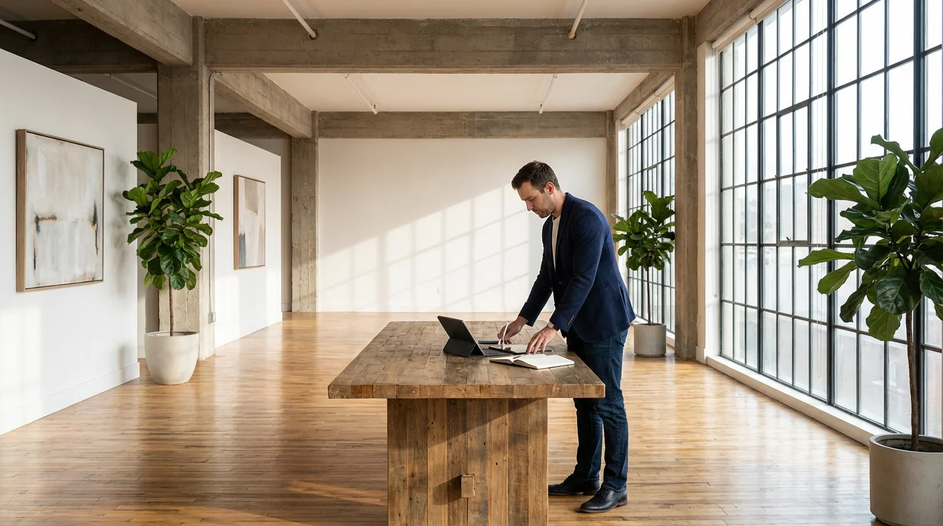 Professional organizing workflow at a large table in a sunlit modern loft office.