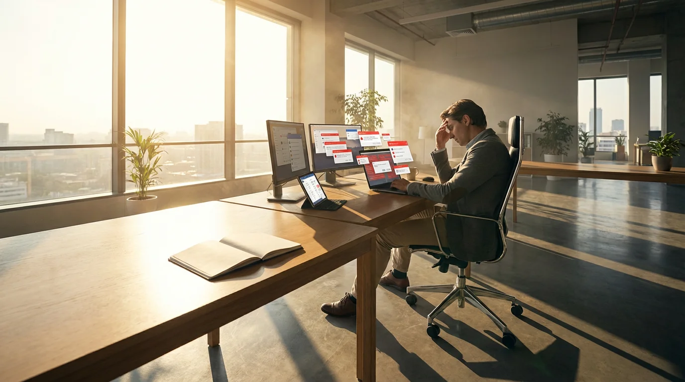 Professional overwhelmed by constant notifications and digital demands during the golden hour.